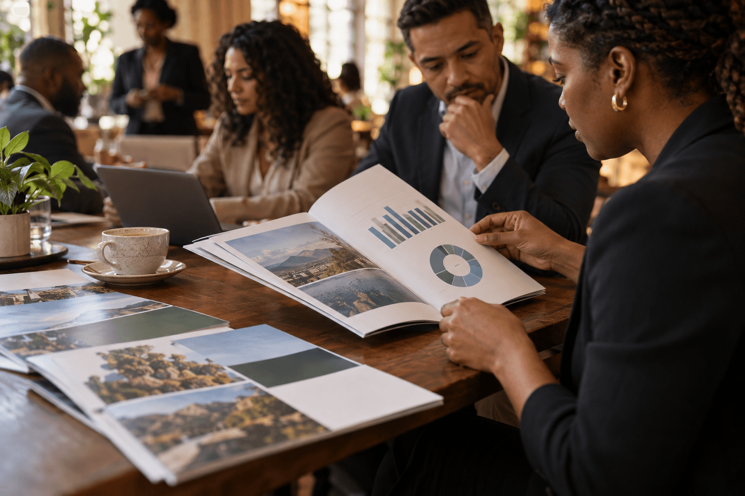 Annual report booklets open on a table