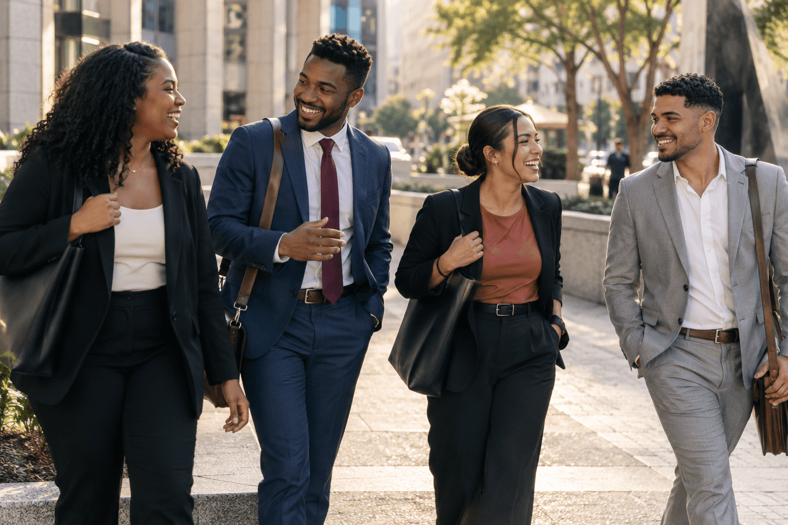 Four young professionals walking across a downtown plaza