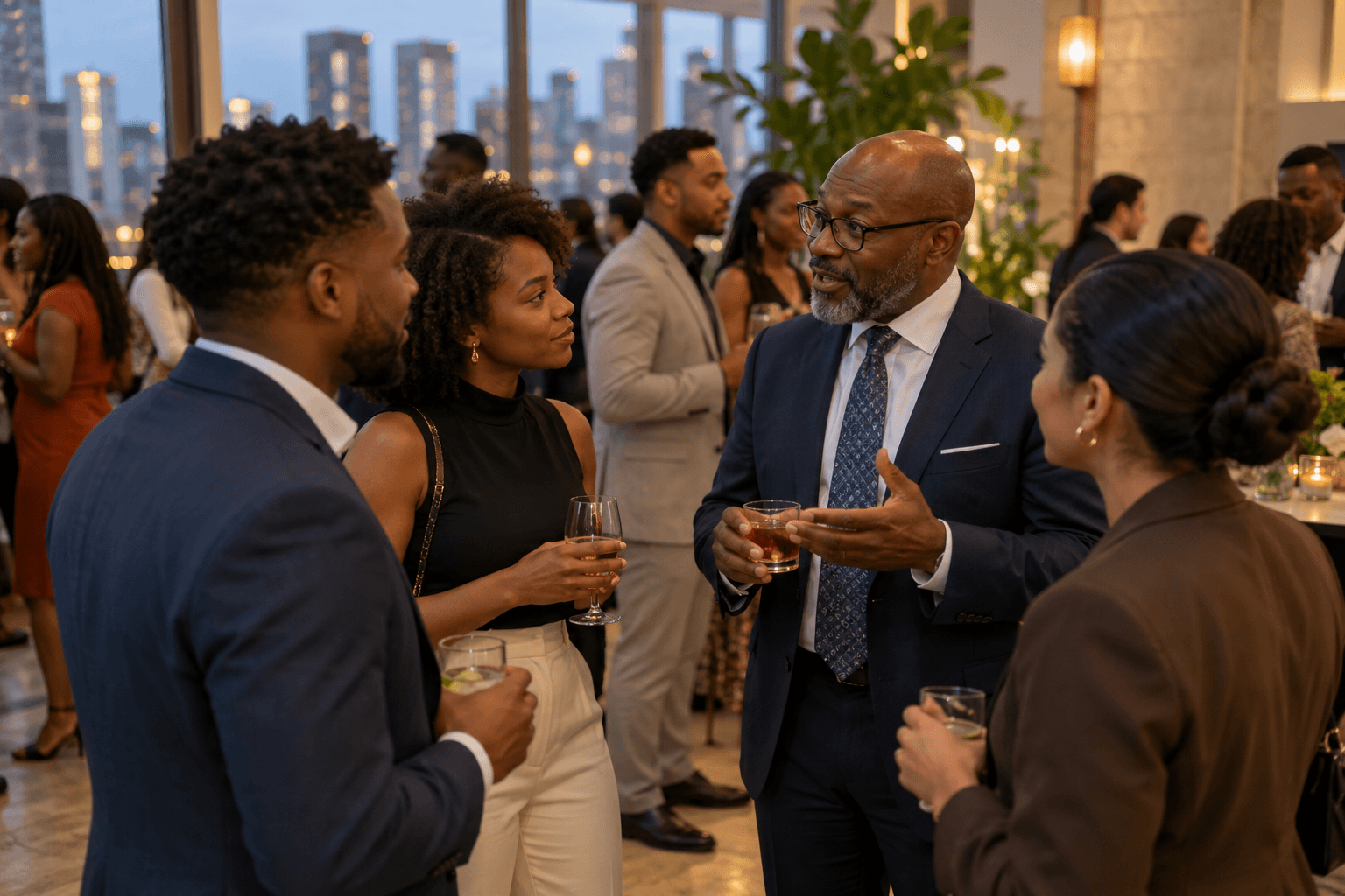 Early-career professionals talking with a senior practitioner at a networking reception