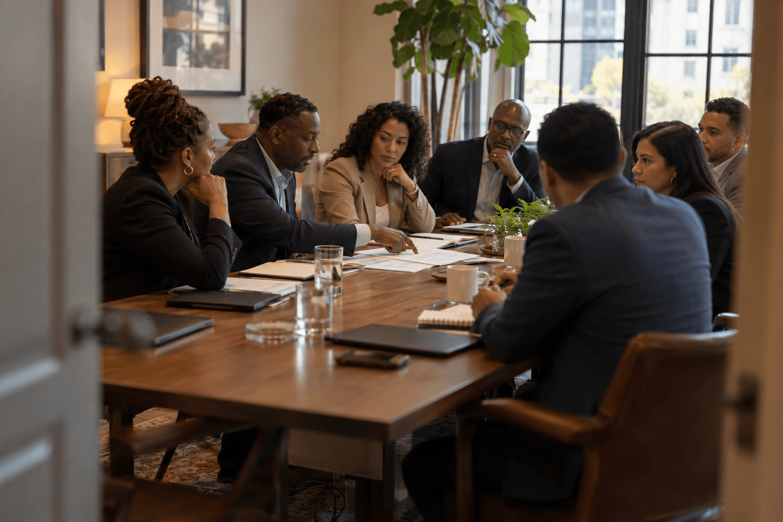 A board meeting around a long table