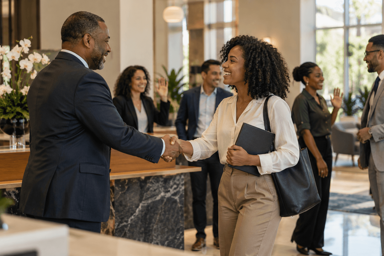 A manager welcoming a new employee with a handshake
